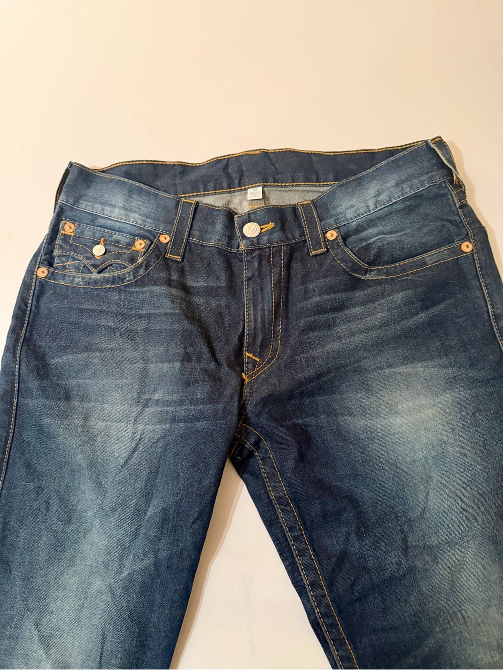 True Religion Ricky Big T Jeans 33x34 Blue Thick Stitch Flap Pockets Made In USA - Picture 14 of 16
